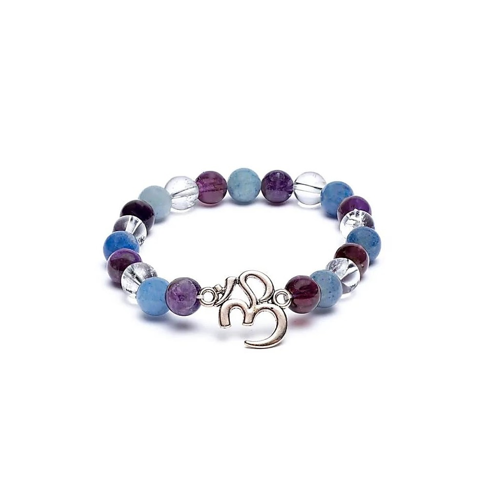 Ametista Aventurina Quartzo Claro mala-bracelete com OM - harmonia, 21 contas