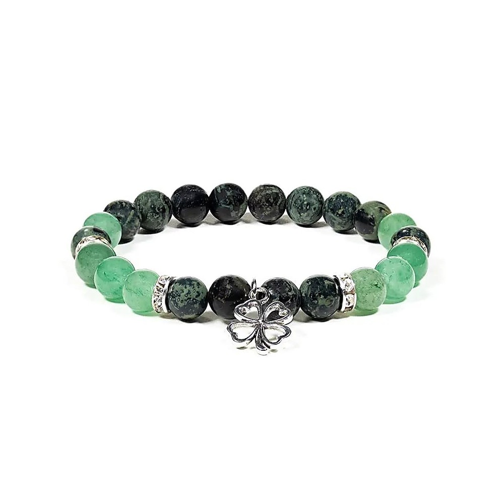 Bracciale in diaspro cambra con avventurina verde e trifoglio, 8 mm
