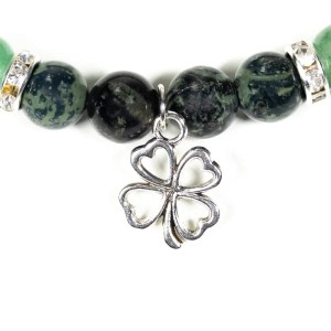 Bracciale in diaspro cambra con avventurina verde e trifoglio, 8 mm