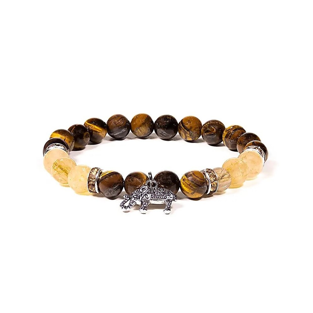 Pulseira com olho de tigre e quartzo rutilo e elefante, 8 mm